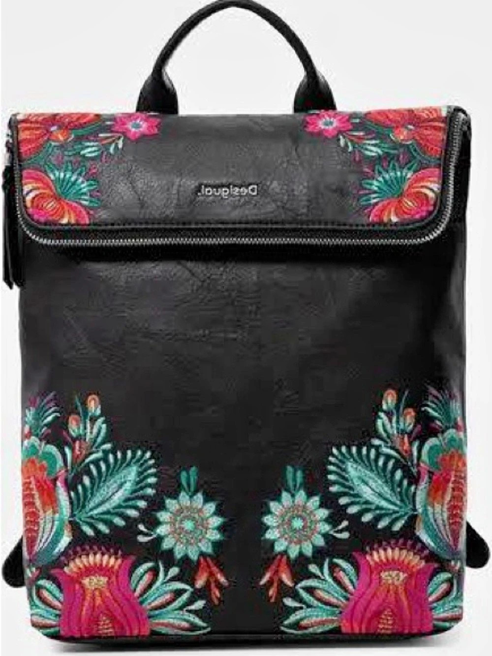 Desigual Black Floral Embroidered Backpack